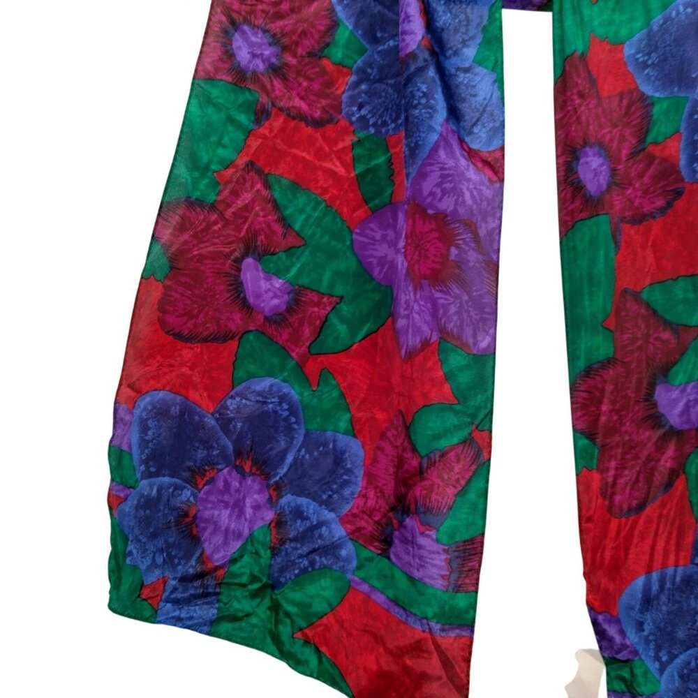 Vintage 1990s Liz Claiborne Silk Scarf Bold Colorful Flowers Rectangle 10x52" - Picture 9 of 13